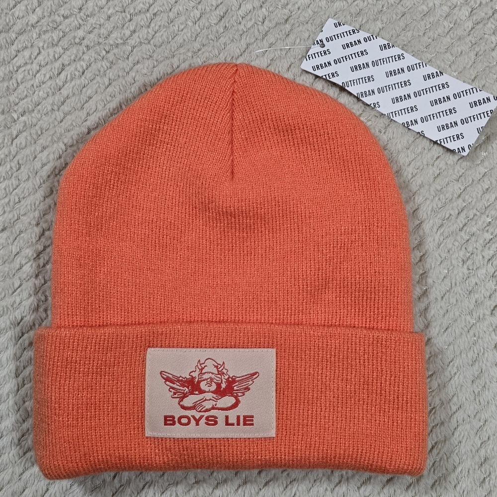 Boys Lie Angel Patch Logo Cuffed Knit Winter Beanie Hat Adult One Size Coral